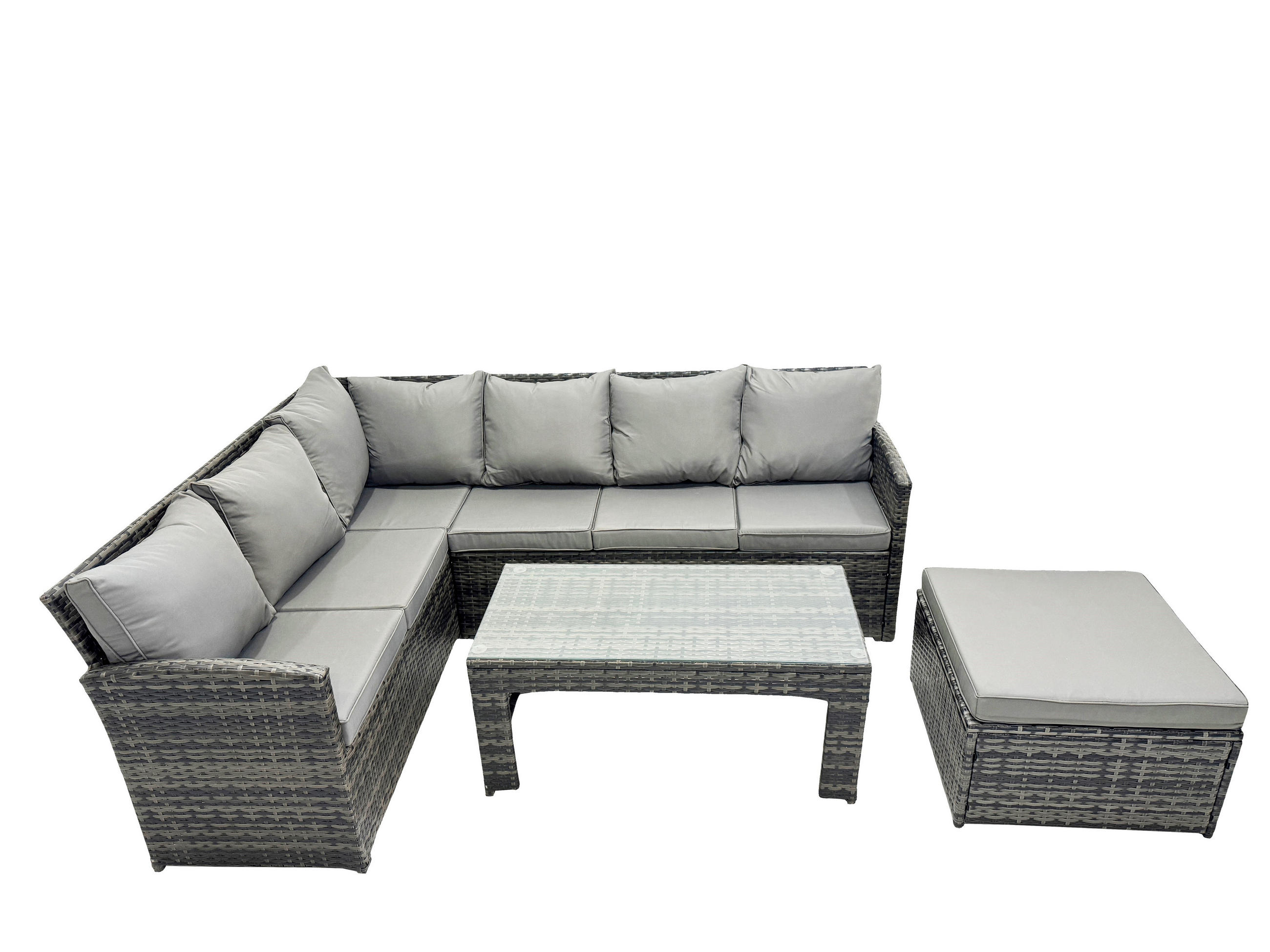 SITZGRUPPE mit Ecksofa,Länglicher Couchtisch Polyrattan 7-Sitzer - Dunkelgrau/Grau, Glas/Kunststoff - Fimous