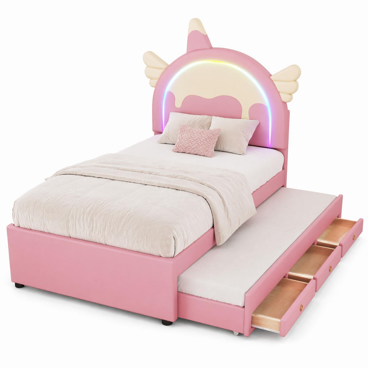 KINDERBETT 90/200 cm in Rosa mit Ausziehbett und Schublade, Einhorn-Design - Rosa, Holzwerkstoff/Textil (90/200cm) - CHICFURN