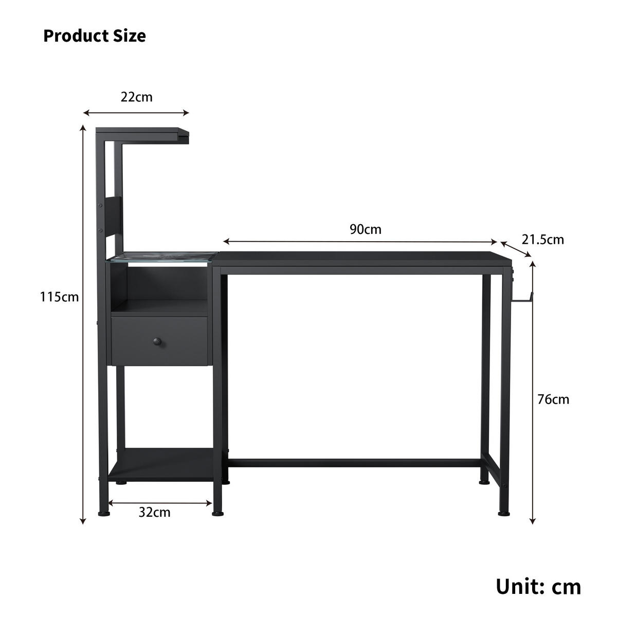 COMPUTERTISCH Schwarz 122/51/110 cm mit Stromanschluss USB LED-Beleuchtung und Regal - Schwarz, Metall (50/122/115cm) - PANGIVO