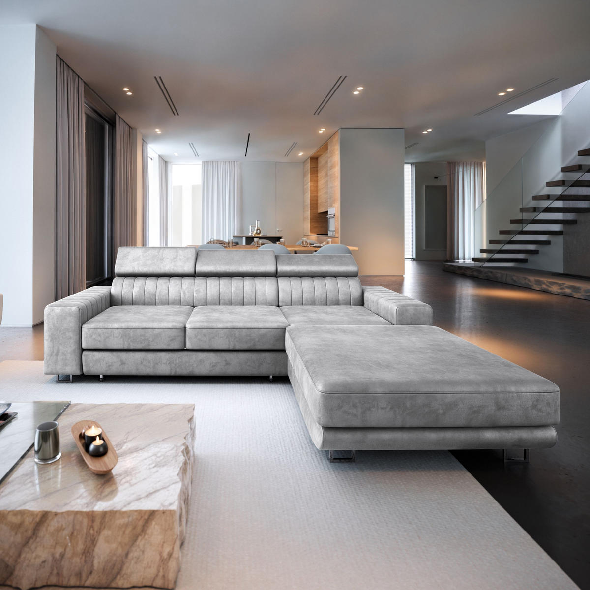 ECKSOFA NOTO L-S Hellgrau Velours-Stoff mit Schlaffunktion - Hellgrau, Holz (267/190cm) - MASSENO