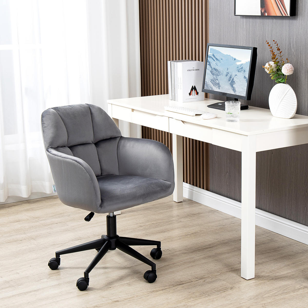 BÜROSTUHL mit Rollen, Höhenverstellbarer Schreibtischstuhl mit Samt-Optik Grau - Dunkelgrau, Kunststoff (58.5/86/58cm) - Vinsetto