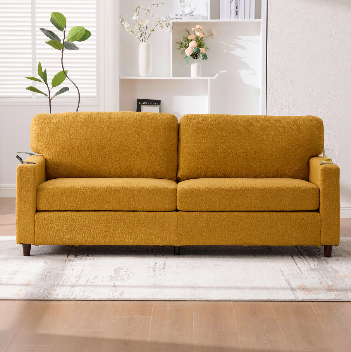 POHOVKA 2-miestna, 203/77,5/86 cm, chenille horčicovožltá, s USB-C, LED a držiakmi nápojov - žltá, textil (77.5/86/203cm) - BEAOK