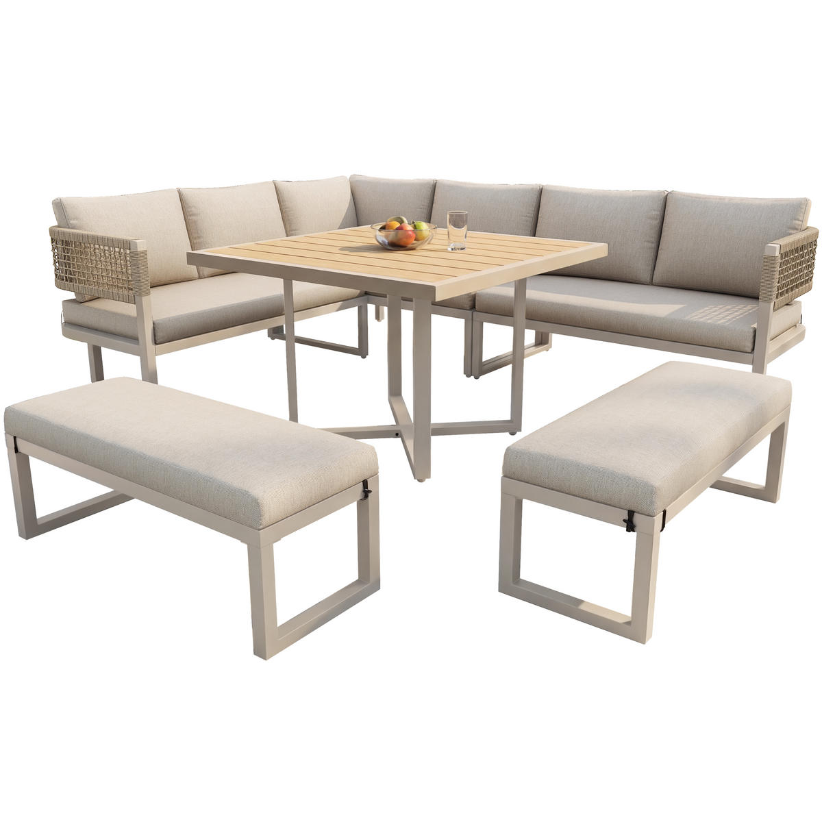 GARTENLOUNGESET für 8–10 Personen mit großem Esstisch in Holzoptik - Beige, Metall - ComfortXL