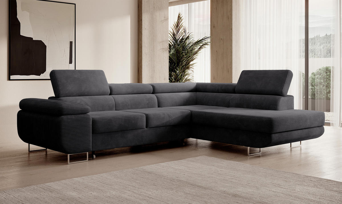 ECKSOFA Stevil Dunkelgrau Cordbezug - Dunkelgrau/Silberfarben, Textil/Metall (275/203cm) - Selsey