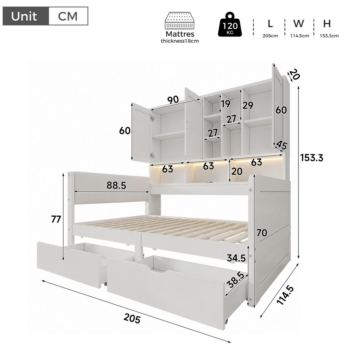 POSTEĽ 90/200 cm s úložným priestorom, LED svetlom a USB, biela - biela, kompozitné drevo (90/200cm) - Flora Grace