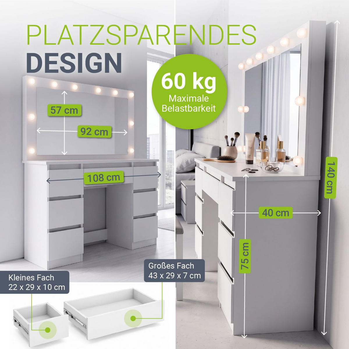 SCHMINKTISCH Lilia weiß mit LED-Beleuchtung - Weiß, Holz (108/140/41cm) - Juskys