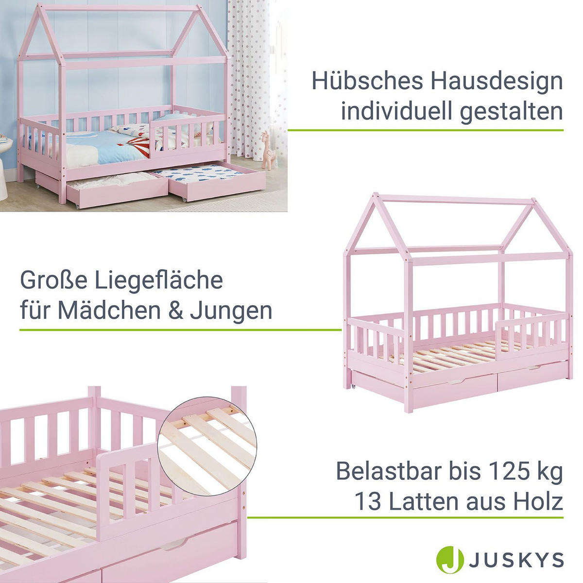 KINDERBETT Marli rosa 80x160 cm mit Bettkasten und Matratze - Rosa, Holz (80/160cm) - Juskys