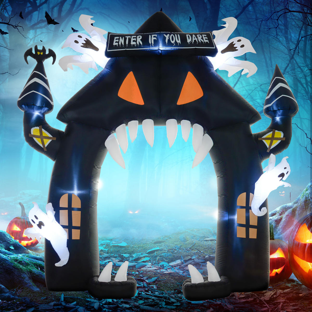 HALLOWEEN nafukovací oblouk, 300 cm Velká halloweenská dekorace s LED osvětlením - černá, plast (76/300/300cm) - Outsunny