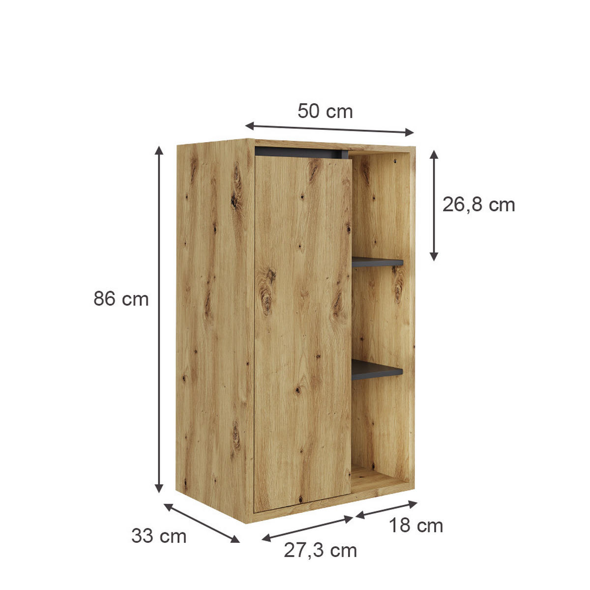 MIDISCHRANK Viola Artisan/Grau 50 x 86 cm mit offenen Regalen - Hellgrau/Grau, Holzwerkstoff (50/86/33cm) - Vicco