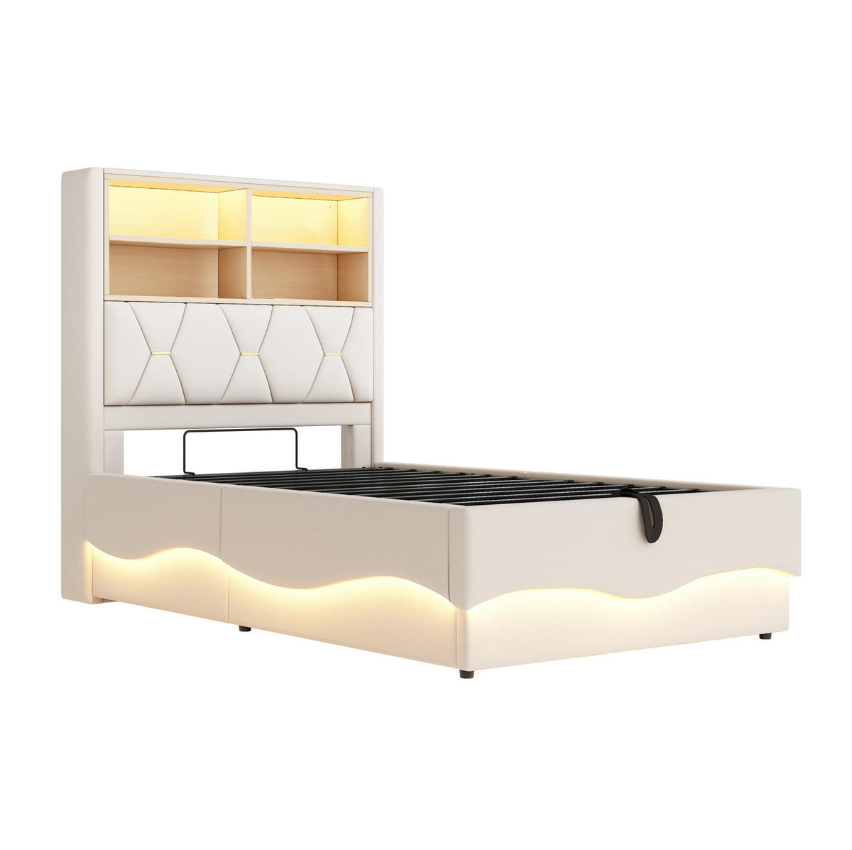 BETT mit Stauraum und LED 90x200 cm Leinen Beige - Beige, Metall (90/200cm) - Beauniv