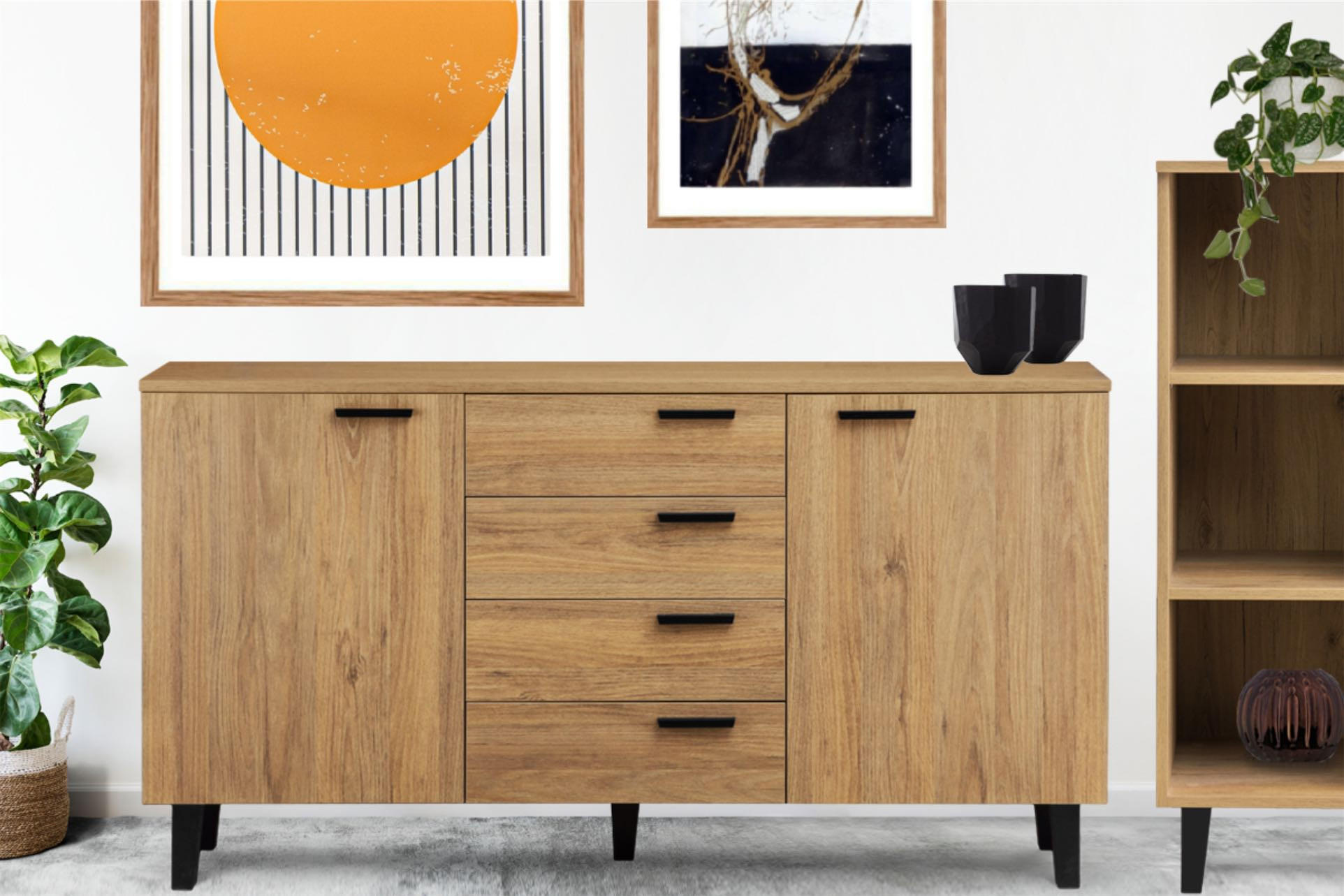 KOMBIKOMMODE FRISK 2 Türen und 4 Schubladen, Eiche natur - Eichefarben/Schwarz, Eichenholz/Holzwerkstoff (150/81/46cm) - KONSIMO®