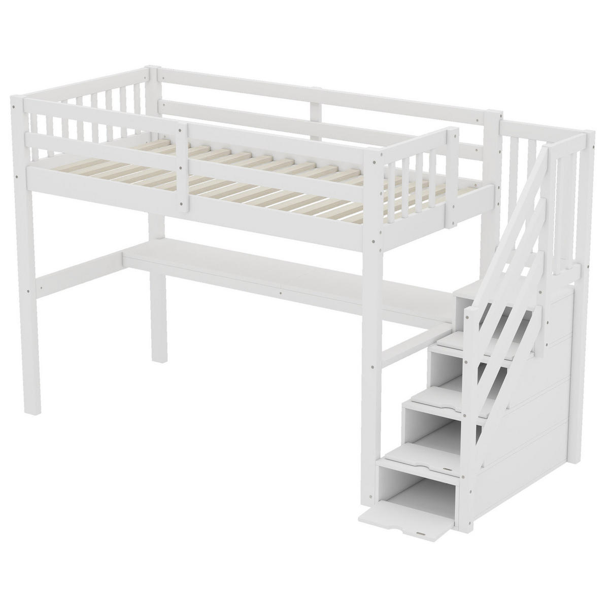 KINDERHOCHBETT 90/200 cm mit Schreibtisch, Stauraumschubladen und Regal, Weiß - Weiß, Holzwerkstoff (90/200cm) - Redom