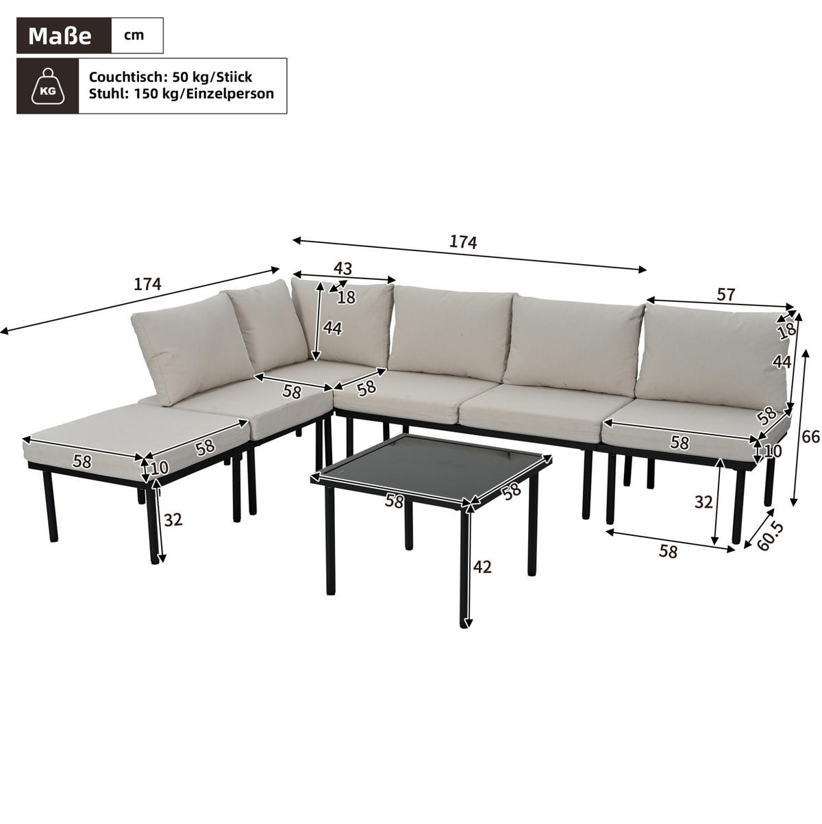 GARTEN-LOUNGESESSEL-SET 231/174/66 cm beige aus Olefin und verzinktem Stahl mit Kissen - Beige, Metall - OKWISH