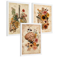 POSTER Set aus 3 Anatomie Mensch Vintage Florale Drucke und Wandbilder mit Lungen Brustkorb und Gehirn Botanischer Antiker Stil Größe Weißer Rahmen A3 - Weiß, Papier (29.7/42/3cm) - Nacnic