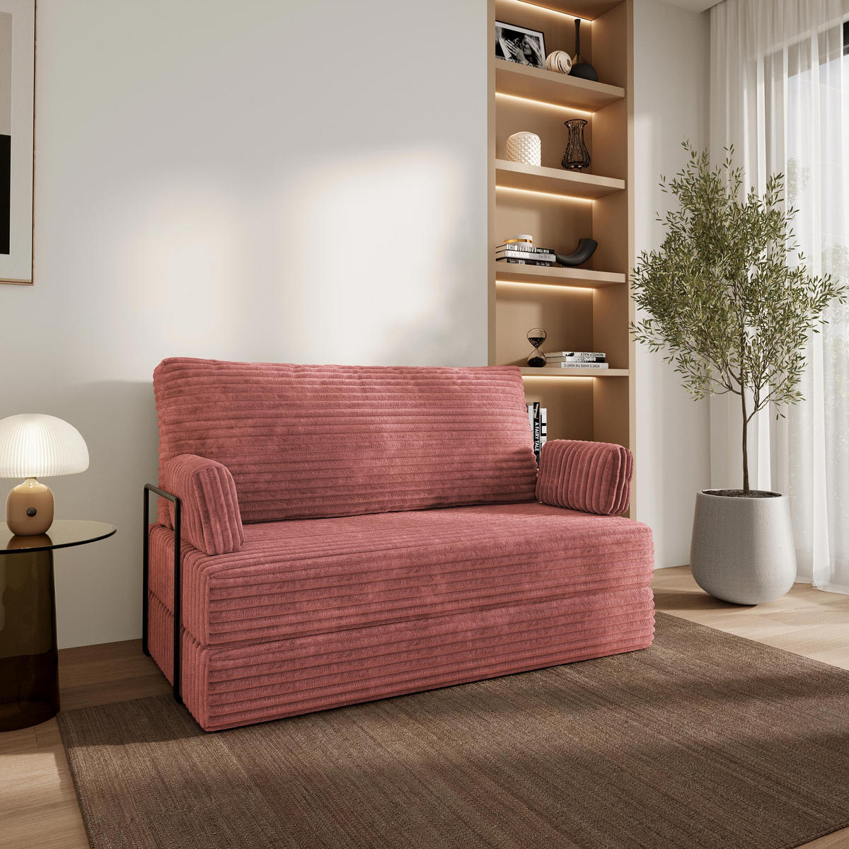 BETTSOFA LADIA aus Schaumstoff Cordstoff Rosa Schlaffunktion - Rosa, Textil (140/86/60cm) - MASSENO