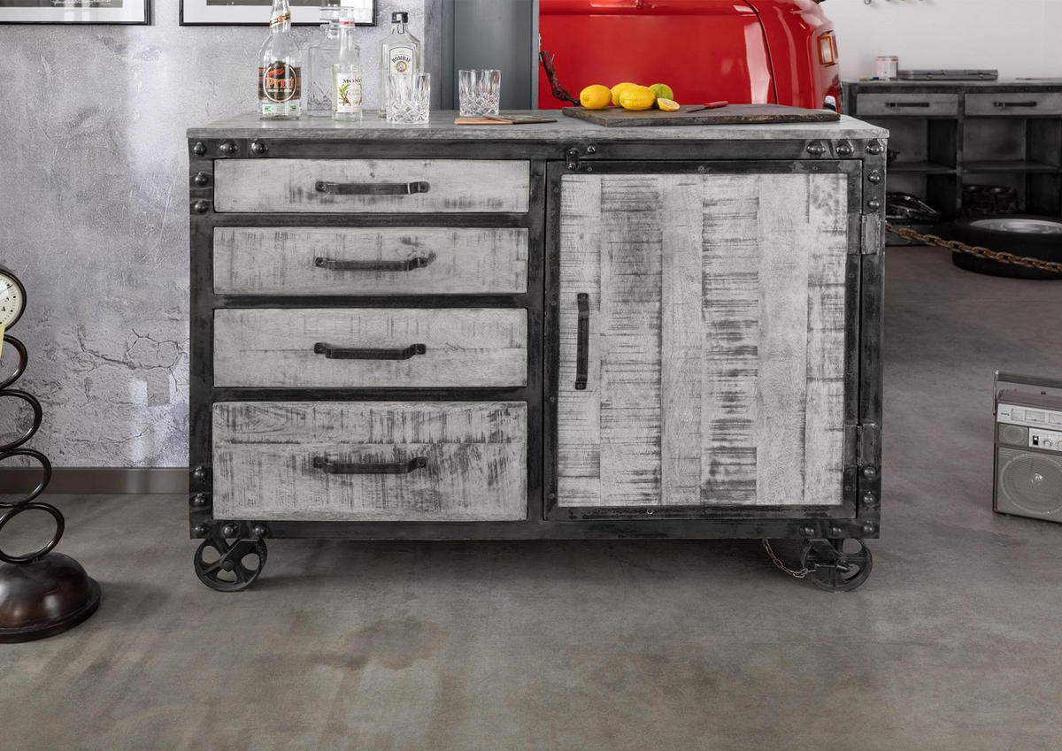SIDEBOARD Mango 120x46x92 grau lackiert HEAVY INDUSTRY #125 - Grau, Metall (120/92/46cm) - Massivmoebel24