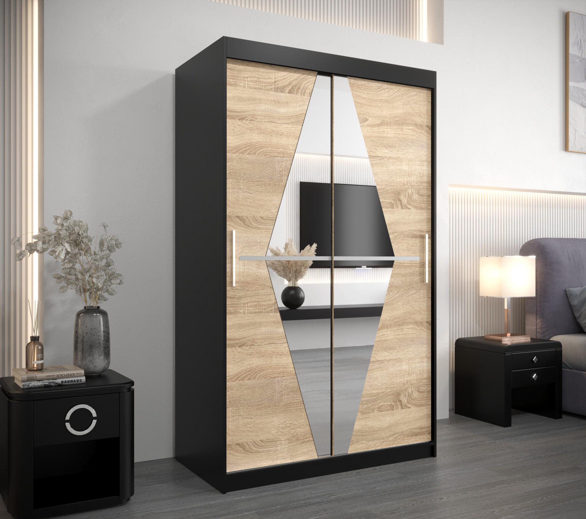SCHWEBETÜRENSCHRANK 200/120/62 2-türig - Silberfarben/Schwarz, Holz/Kunststoff (120/200/62cm) - Abiks Möbel