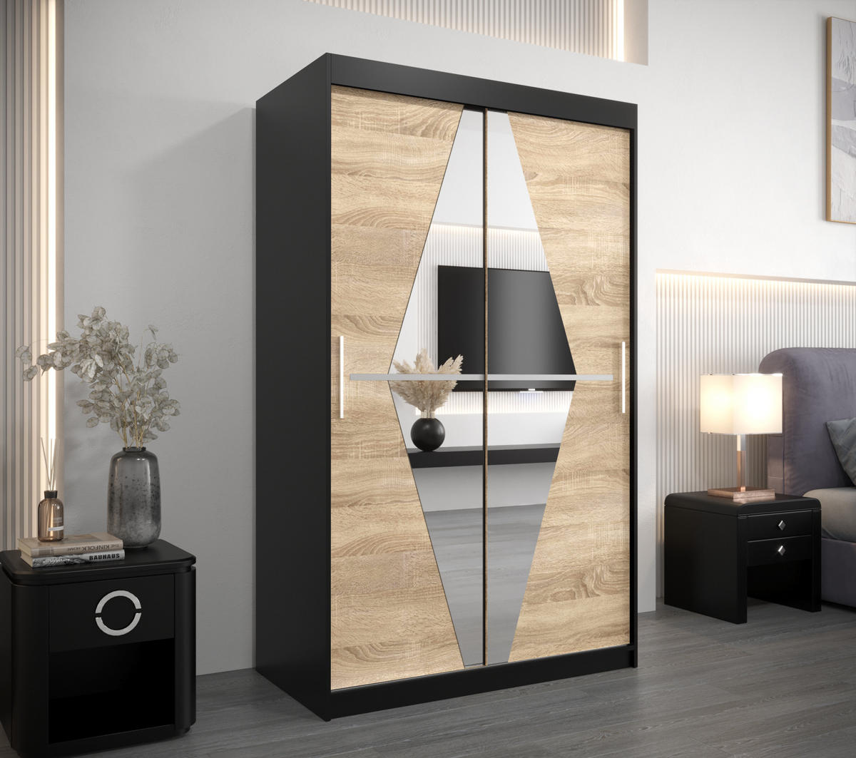 SCHWEBETÜRENSCHRANK 200/120/62 2-türig - Silberfarben/Schwarz, Holz/Kunststoff (120/200/62cm) - Abiks Möbel