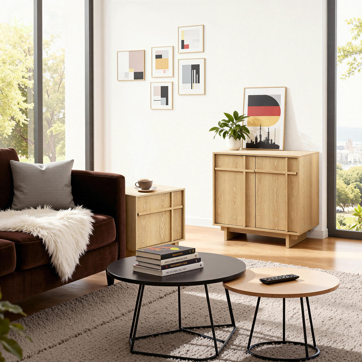 NACHTTISCH modern mit Tür und Stauraum, Eichenoptik mit geometrischer Holzleisten-Front | B40 × T40 × H50 cm - Braun, Holzwerkstoff (40/50/40cm) - Hometopia