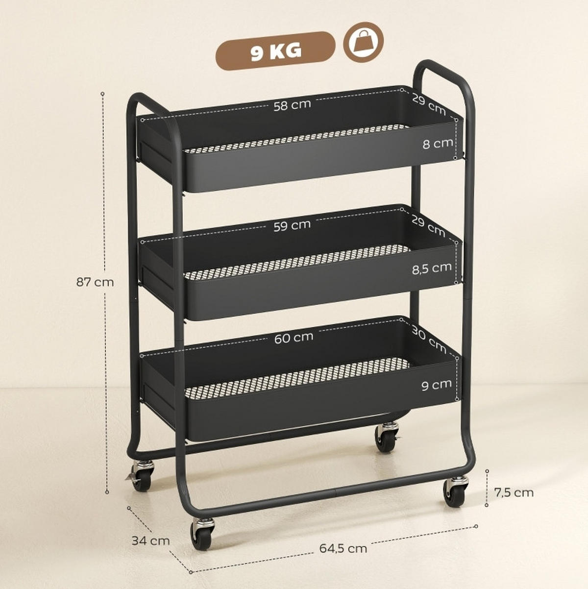KÜCHENINSEL 64,5/34/87 cm mit 3 Körben, 4 Rollen und Metallgestell, Schwarz - Schwarz, Metall (64.5/87/34cm) - Redom
