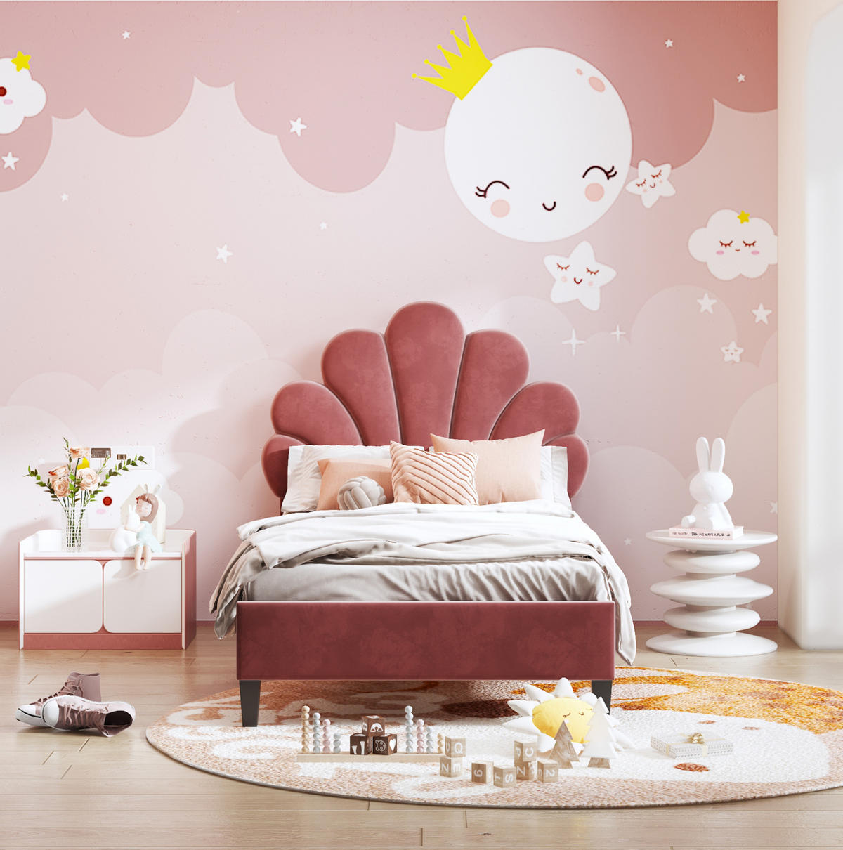 KINDEREINZELBETTEN aus Samtstoff 90x200 cm in Bohnenrot mit Lattenrost - Dunkelrosa, Textil (90/200cm) - Modfu