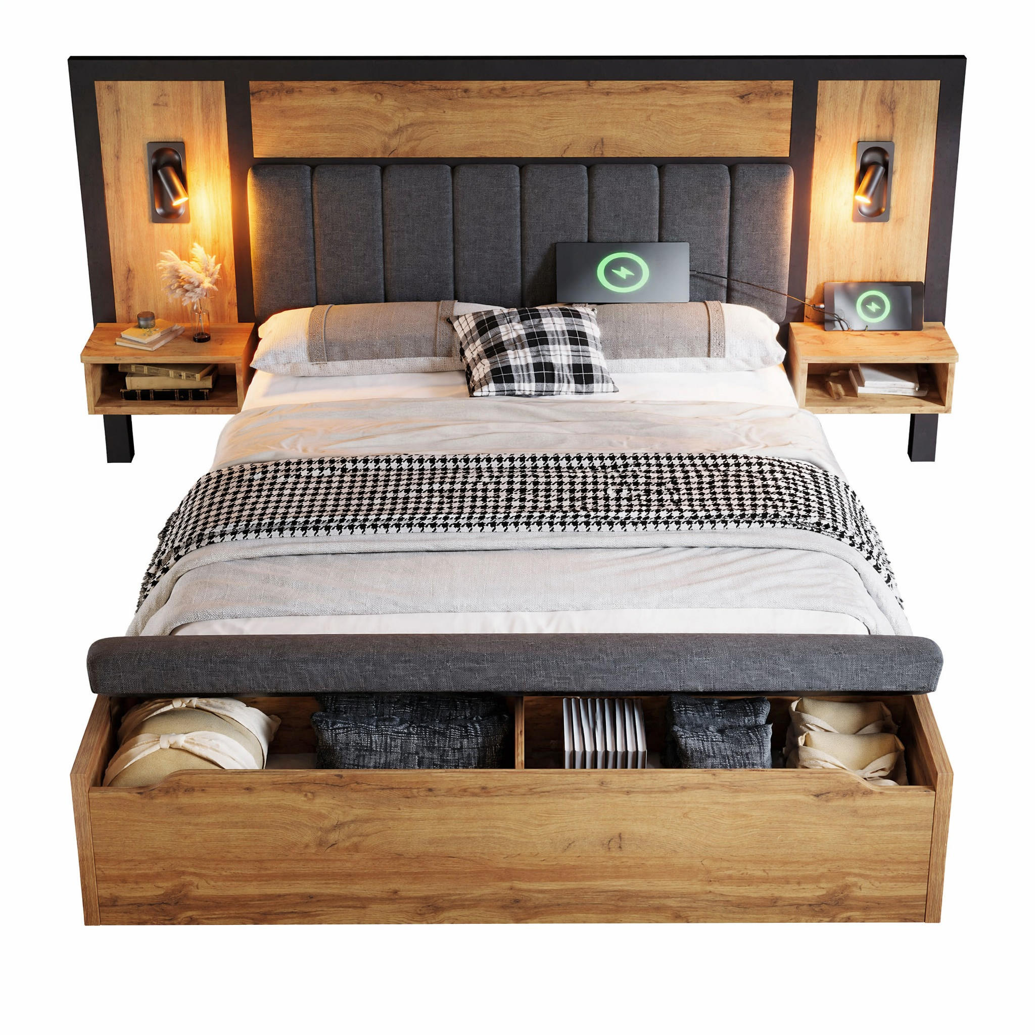 BETTANLAGE 160/200 cm in Eiche mit Leselampen, USB, Type-C, Nachttischen und Sitzbank Metall, MDF & Leinen - Eichefarben/Grau, Holzwerkstoff/Textil (160/200cm) - STILVORA