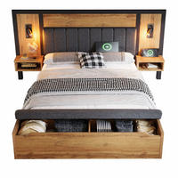 BETTANLAGE 160/200 cm in Eiche mit Leselampen, USB, Type-C, Nachttischen und Sitzbank Metall, MDF & Leinen - Eichefarben/Grau, Holzwerkstoff/Textil (160/200cm) - STILVORA