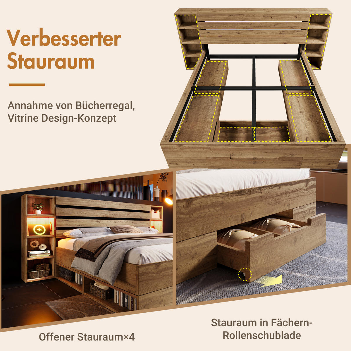 POLSTERBETT 160/200 cm in Eiche mit LED-Beleuchtung, USB- und Type-C-Anschlüssen und Matratze - Eichefarben, Metall (160/200cm) - Flora Grace