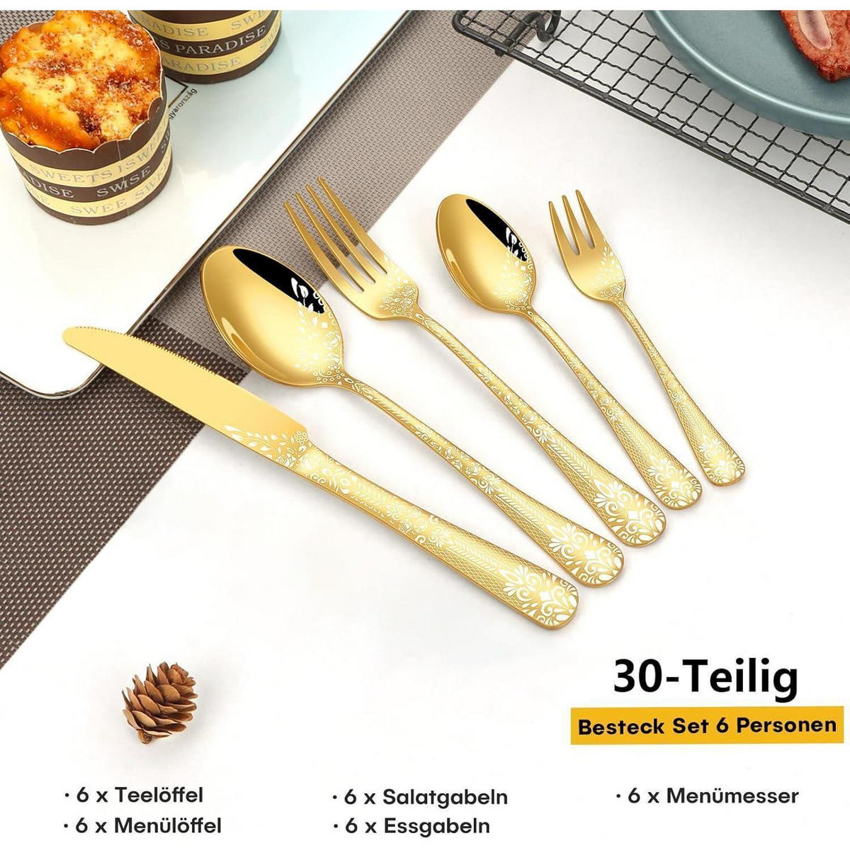 BESTECKSET 30-teilig für 6 Personen Gold Blumenmuster Edelstahl - Goldfarben, Metall