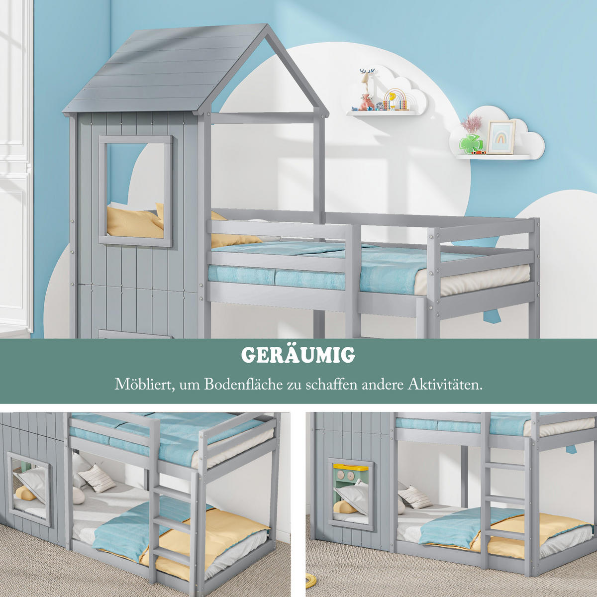 ETAGENBETT 90/200 cm Grau aus massivem Kiefernholz mit Leiter und Baldachin - Grau, Holzwerkstoff (90/200cm) - OKWISH