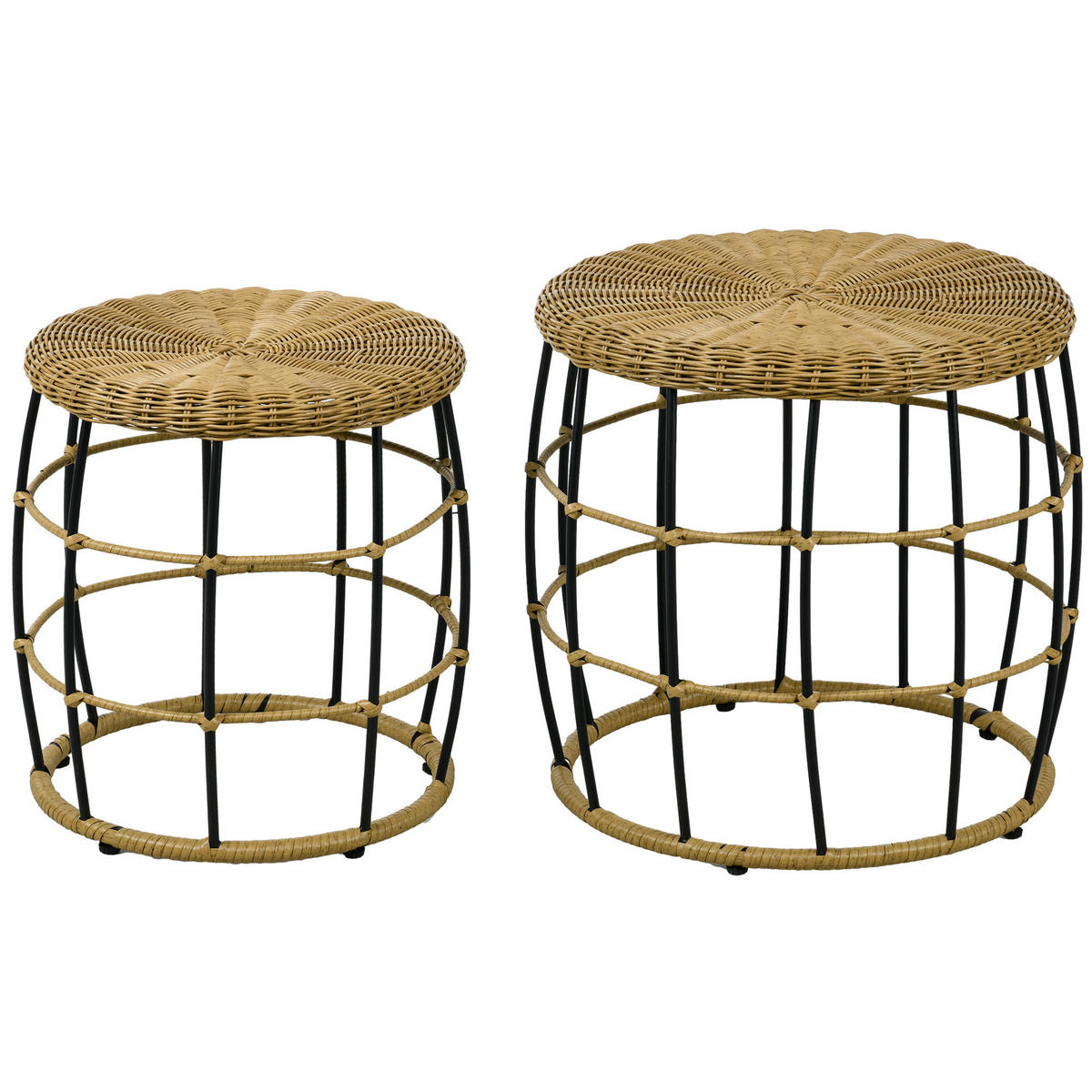 RATTAN Beistelltisch 2er-Set, für Garten, Balkon, Stahl, Khaki - Naturfarben, Kunststoff (58/58/53cm) - Outsunny