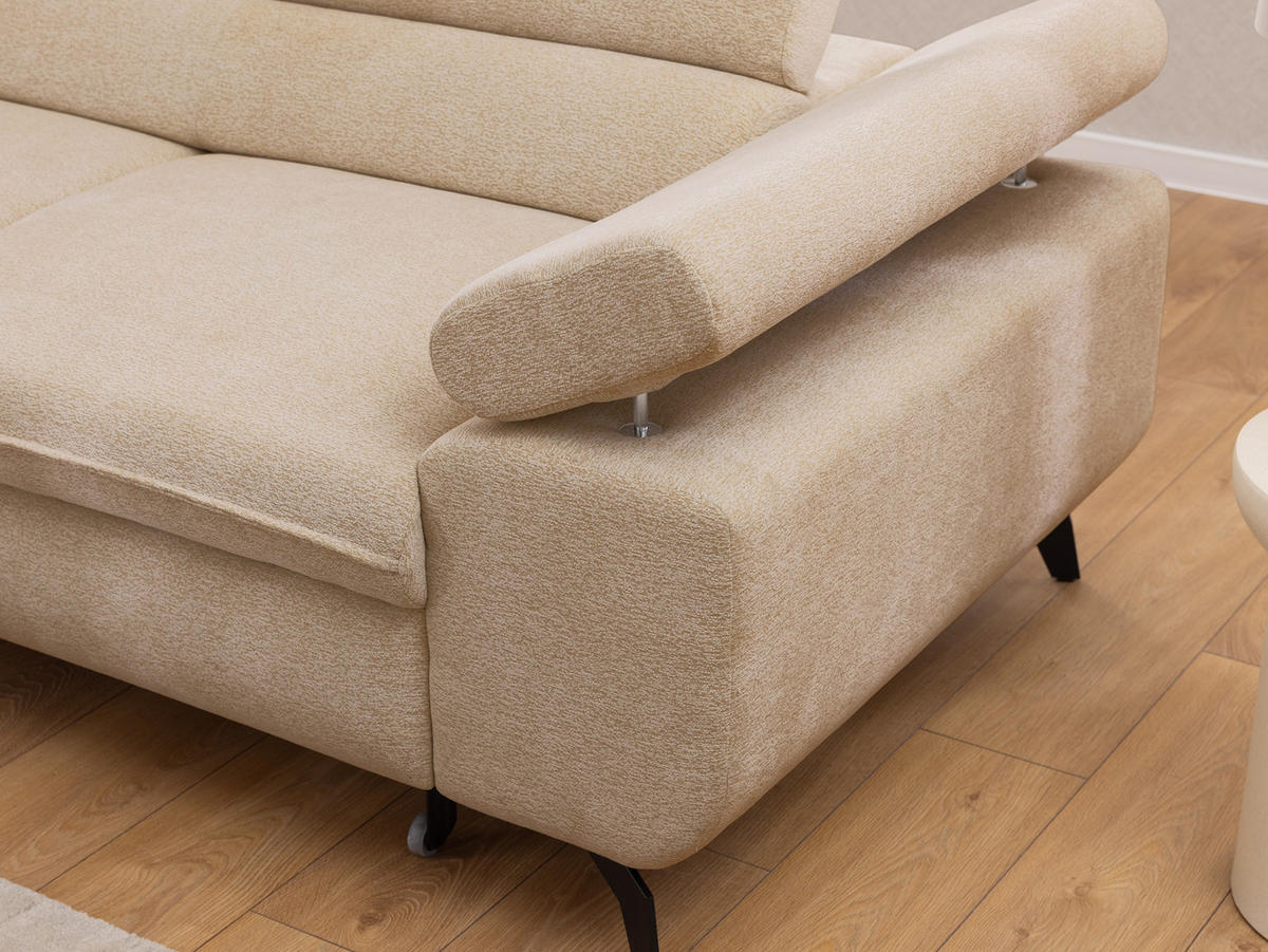 ECKSOFA mit Schlaffunktion und Bettkasten Bonnie aus Taupe Chenille-Stoff mit verstellbaren Kopfstützen und Armlehne - Ottomane links - Taupe/Schwarz, Holz/Textil (275/210cm) - S-Style Möbel