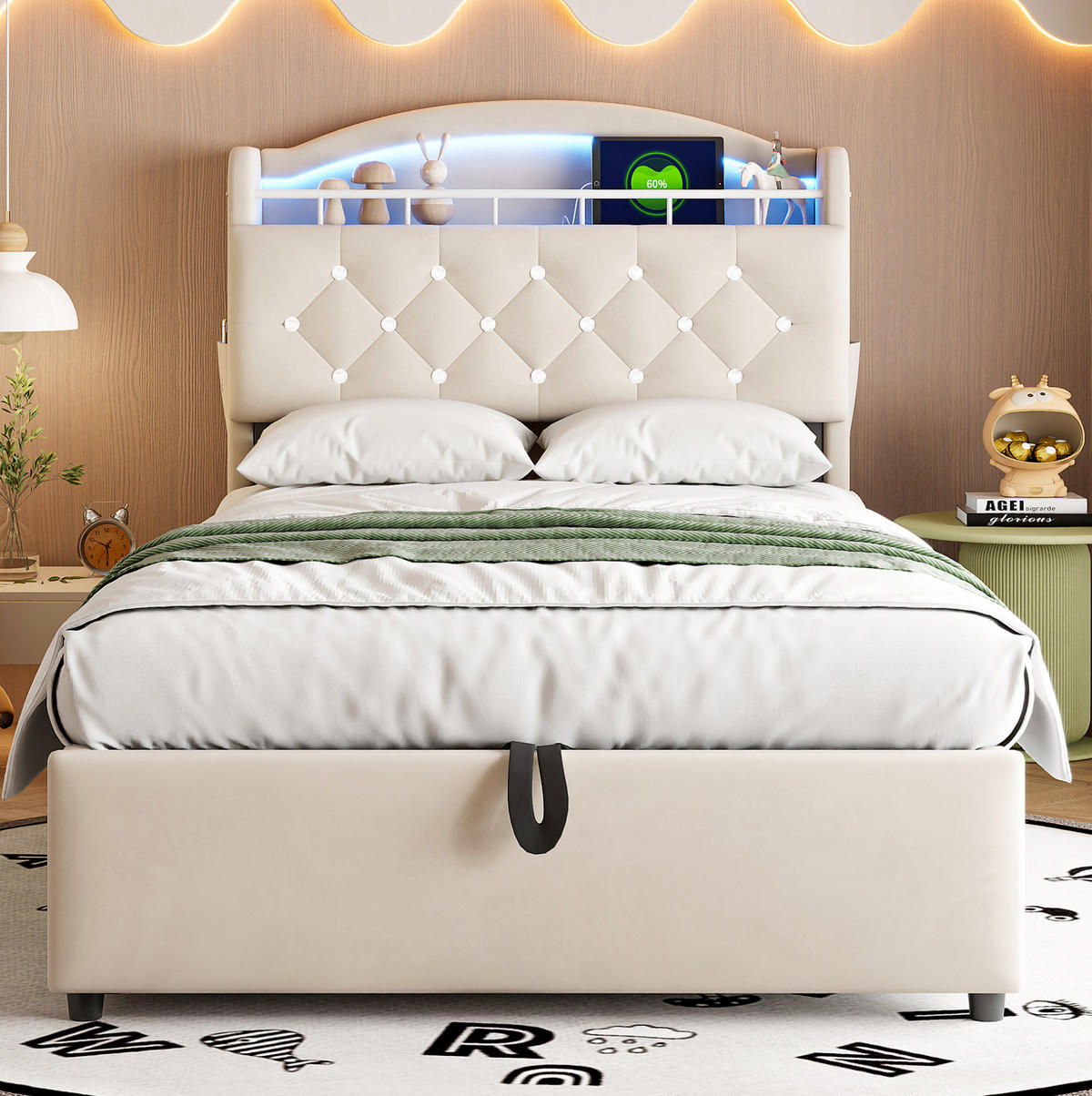 BETT mit Stauraum 90x200 cm Samt Beige mit LED und USB - Beige, Metall (90/200cm) - Meubliv