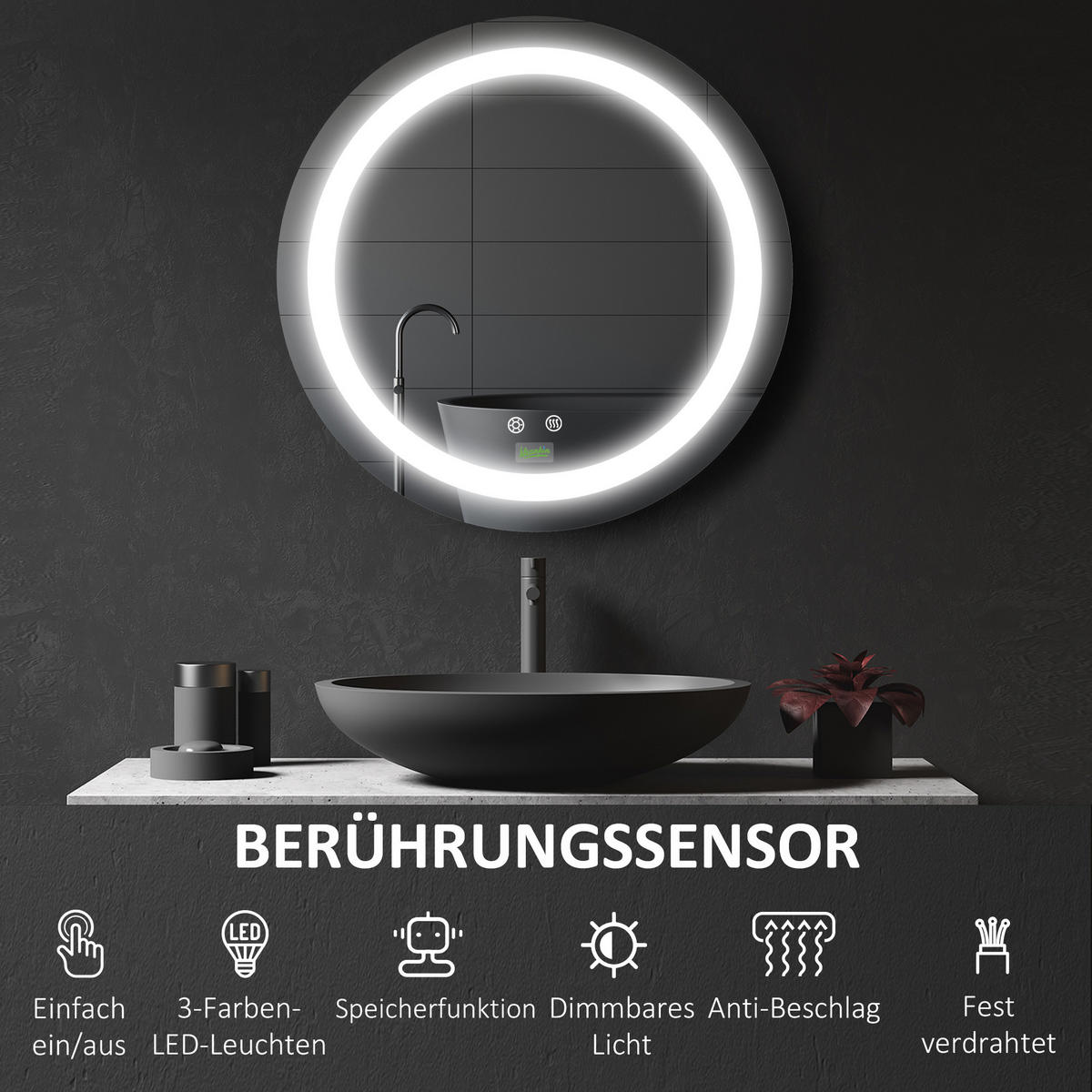 BADEZIMMERSPIEGEL, Ø50 cm, mit LED Beleuchtung, Anti-Beschlag, IP44 - Silberfarben, Glas (50/4.6/50cm) - Kleankin