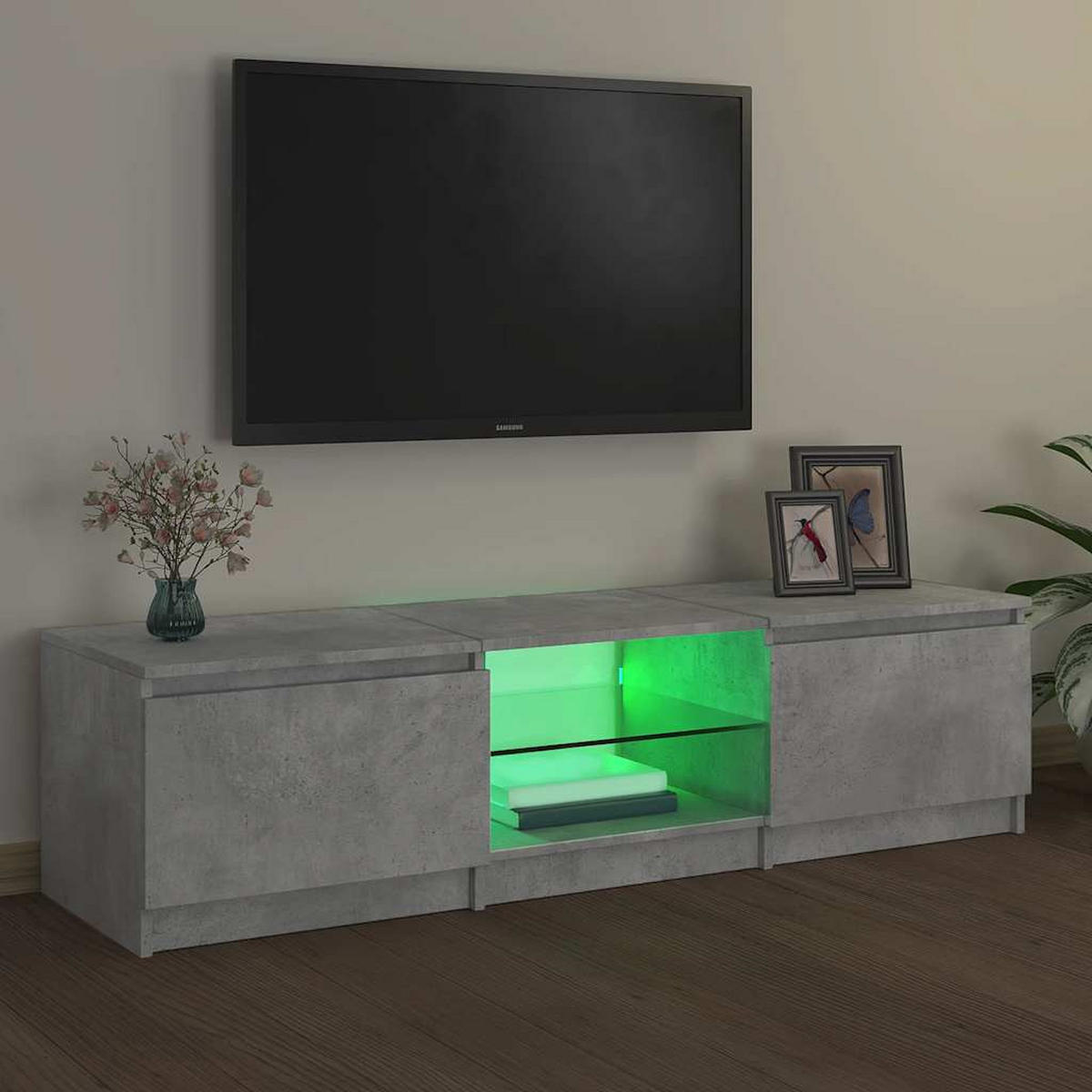 LOWBOARD mit LED und 2 Türen, 140/40/60cm, aus Holzwerkstoff, in Betongrau - Hellgrau/Grau, Holz (40/36/140cm) - vidaXL