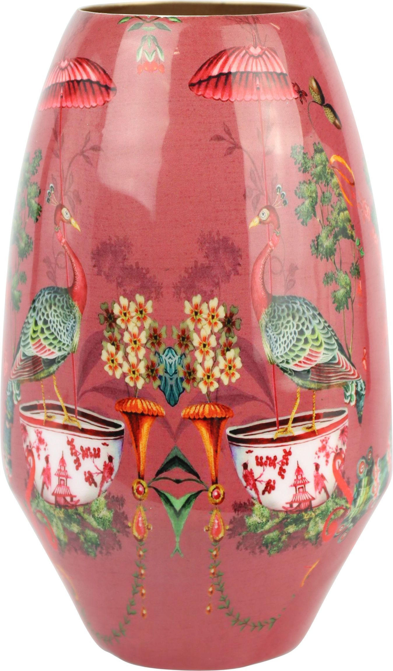 VASE Asian Fauna rot mit Pfauenmotiv - Rot, Metall (22cm) - FURNARO