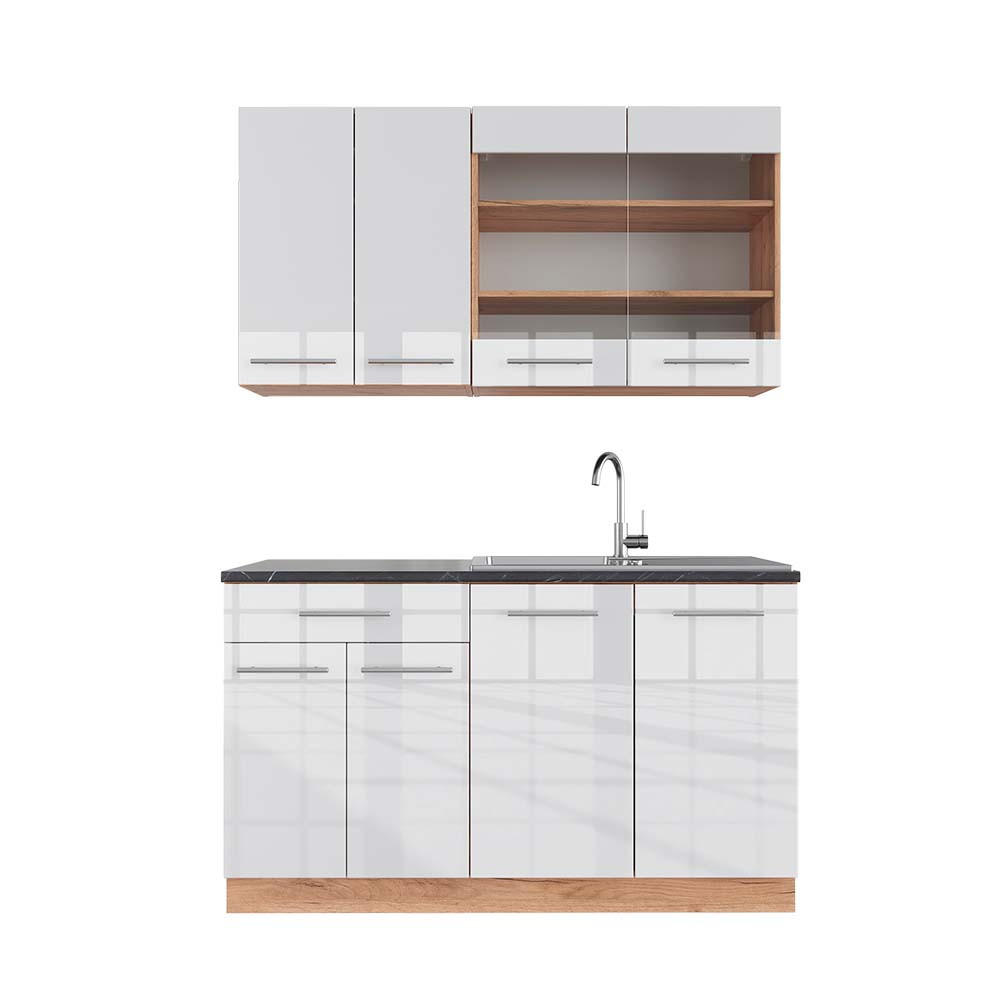 Vicco Singleküche Weiß Hochglanz, Eiche 140x81.6x60 cm