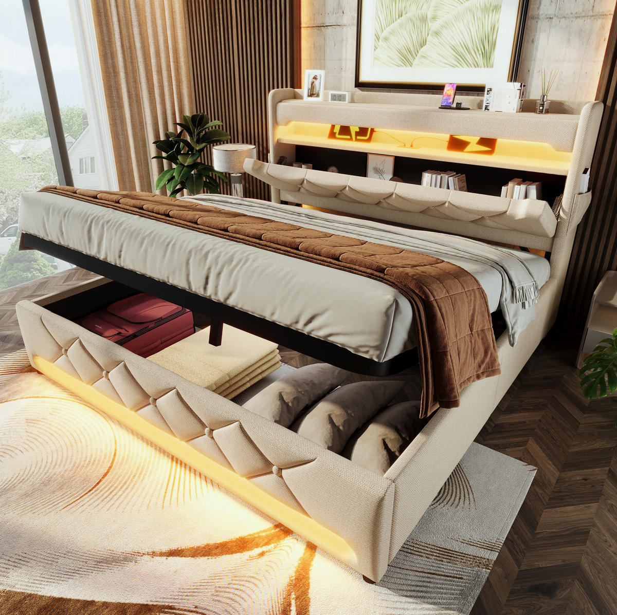 POLSTERBETT mit Stauraum und LED 140x190 cm Beige - Beige, Metall (140/190cm) - Meubliv