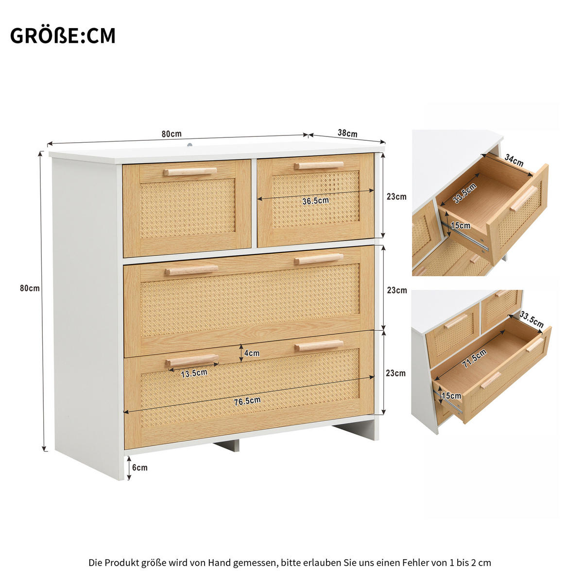 KOMMODE 80/38/80 cm mit 4 Schubladen und Rattanfronten - Weiß, Holzwerkstoff (80/38/80cm) - BEAOK