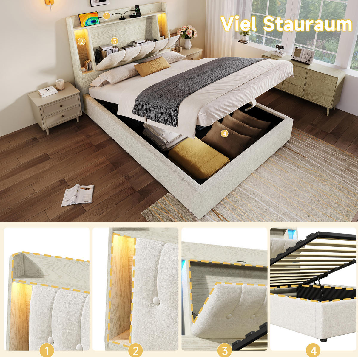 POLSTERBETT 90/200 cm Beige aus Leinen und MDF mit LED-Beleuchtung - Beige, Textil (90/200cm) - OKMYHOME