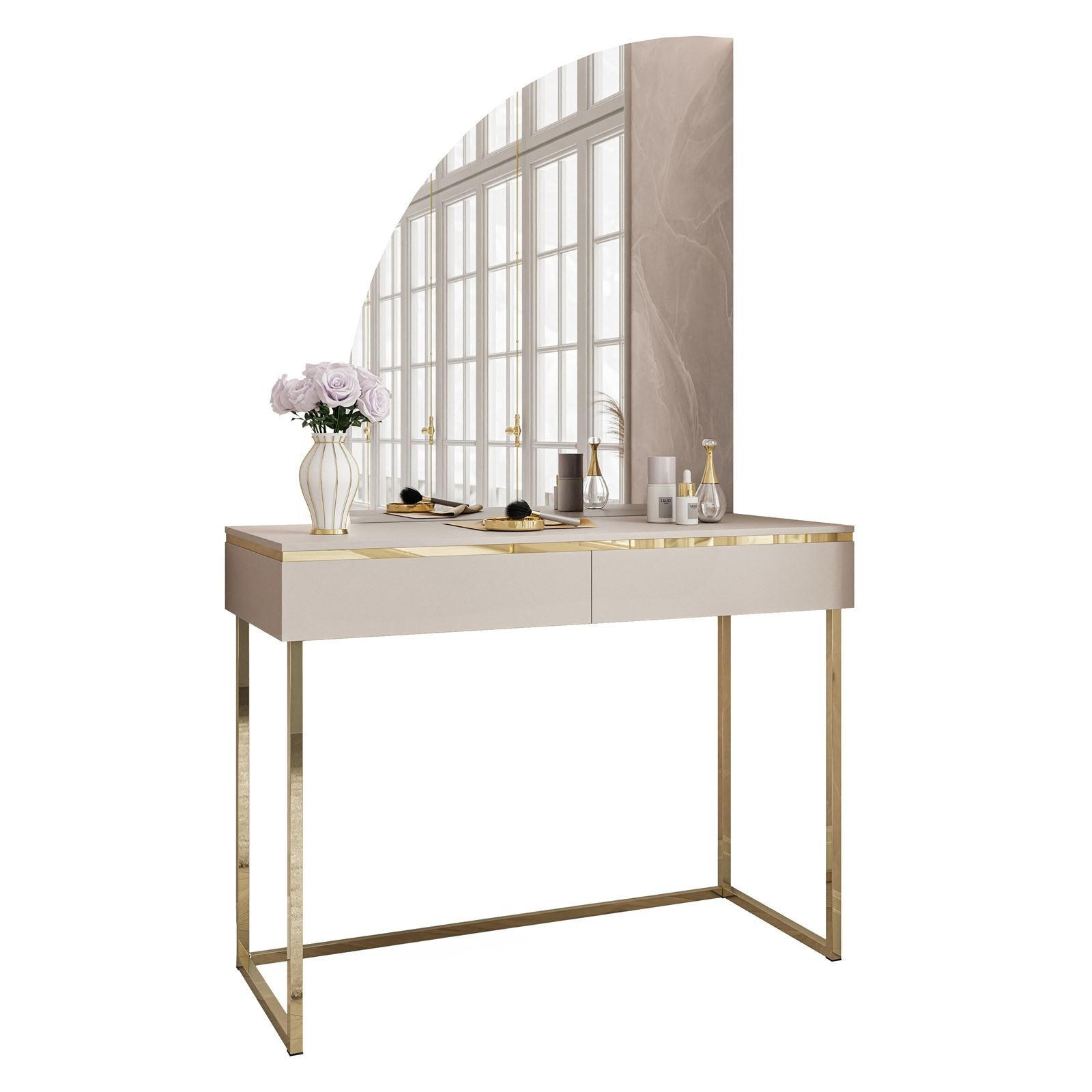 SCHMINKTISCH AURORA-Q GOLD auf goldenem Gestell mit links Spiegel - Kaschmir/Goldfarben, Holzwerkstoff/Metall (102/174/44cm) - Lookway