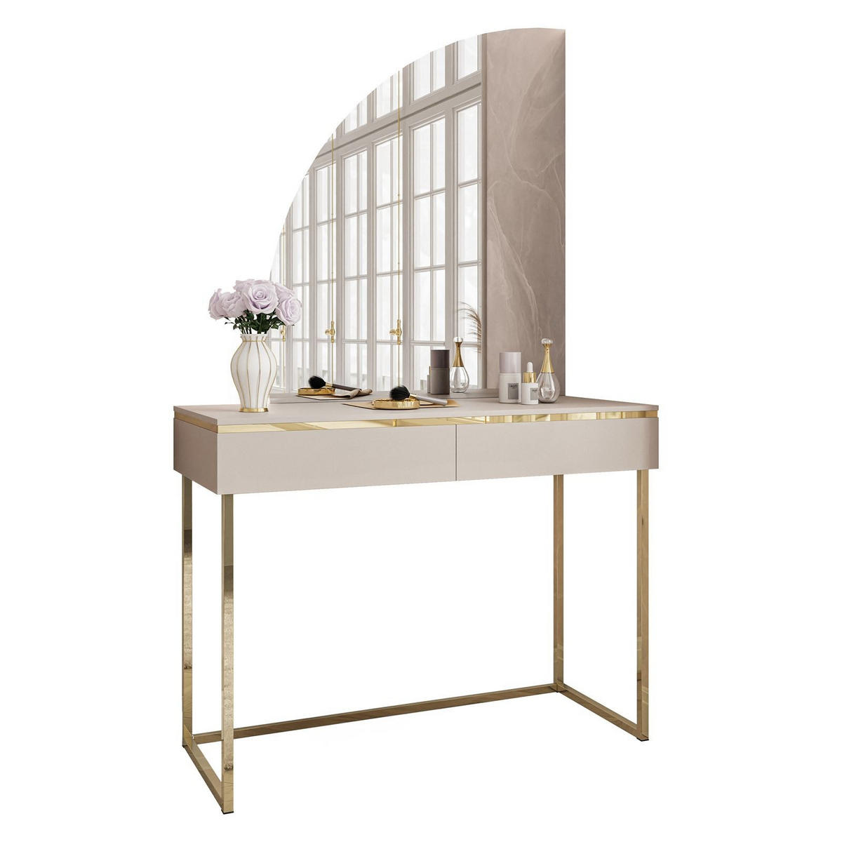 SCHMINKTISCH AURORA-Q GOLD auf goldenem Gestell mit links Spiegel - Kaschmir/Goldfarben, Holzwerkstoff/Metall (102/174/44cm) - Lookway