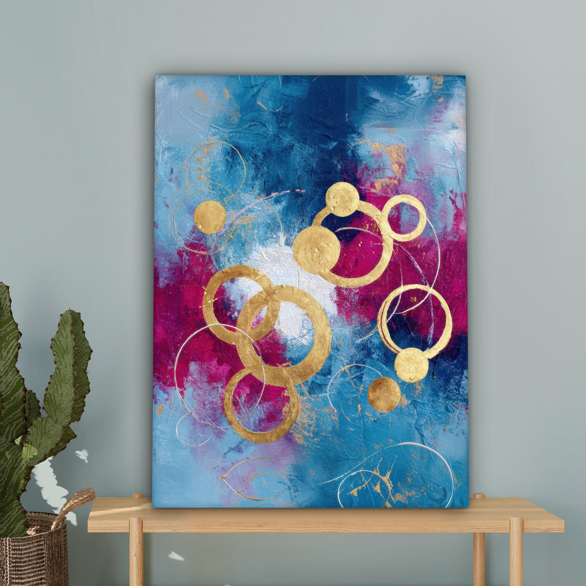 LEINWANDBILD Kreise - Gold - Abstrakt Wandbild Wohnzimmer 60x80 cm - Blau, Textil (60/80cm) - MuchoWow