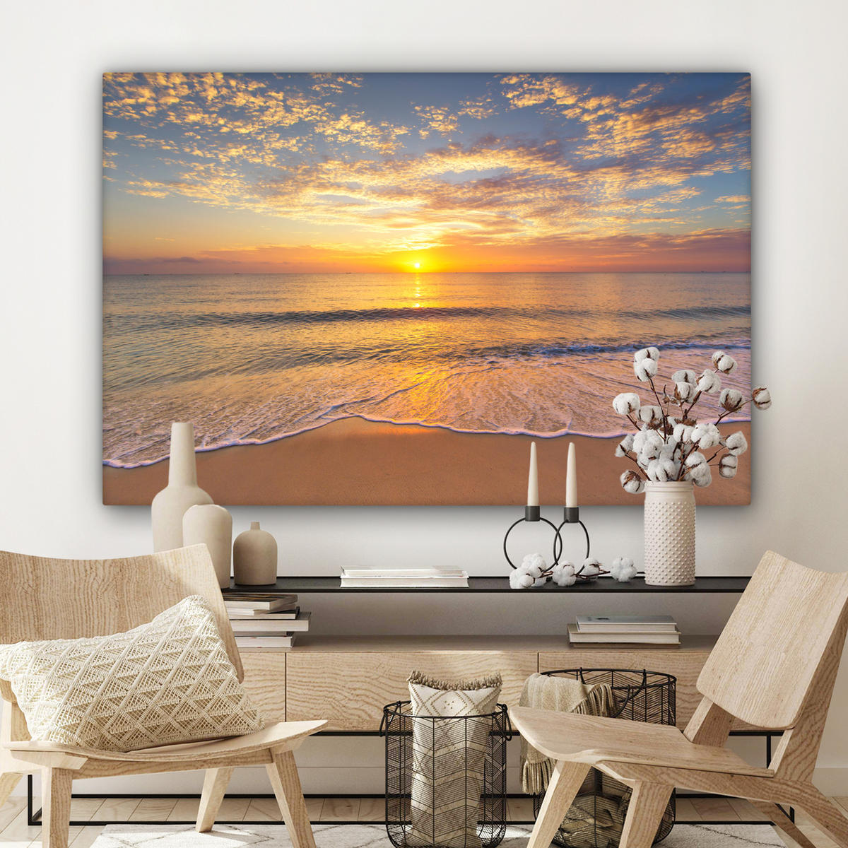 LEINWANDBILD Strand - Sonnenuntergang - Meer Wohnzimmer 120x80 cm - Gelb, Textil (120/80cm) - MuchoWow