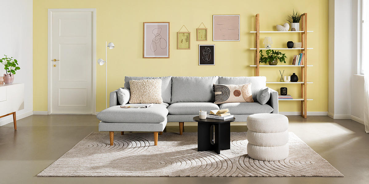 ECKSOFA mit Longchair - Webstoff - Buchefarben/Hellgrau, Holz/Buchenholz (242/150cm) - home24