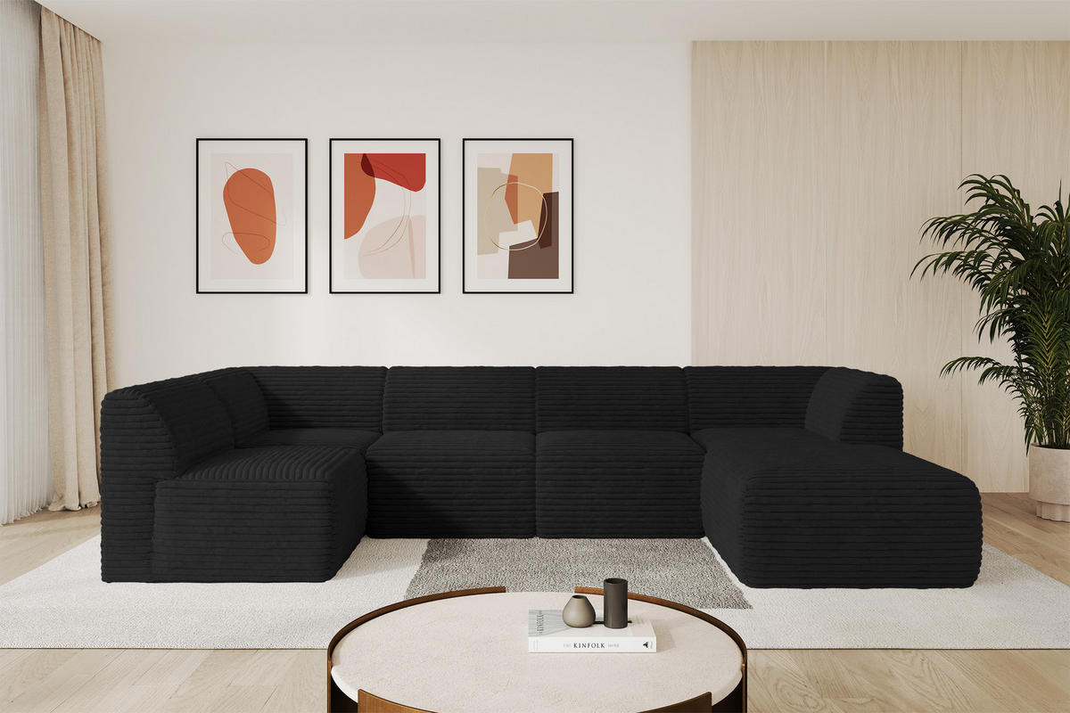 WOHNLANDSCHAFT Ottomane Rechts MOVO-L 345x180x78 cm Schwarz Cord - Schwarz, Holzwerkstoff/Kunststoff (180/78/345cm) - ALTDECOR