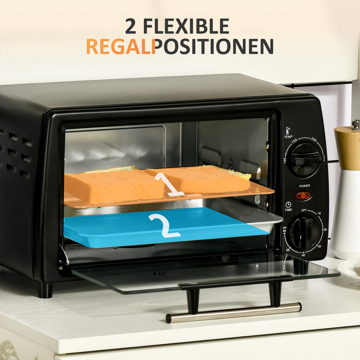 MINIBACKOFEN 10L 750W Elektrobackofen mit Timer, Temperatur bis 230°C, inkl. Backblech & Grillrost, Schwarz - Schwarz, Metall (36.5/22/26cm) - Beaface