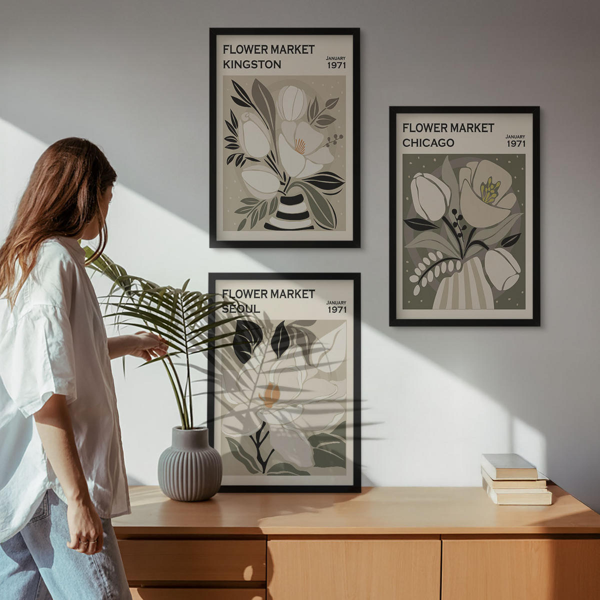WANDBILDER 3er-Set - 40x60 cm Schwarzer Rahmen - Blumen Kingston Seoul Chicago Retro - Schwarz, Kunststoff (40/60cm) - ArtPrintCave