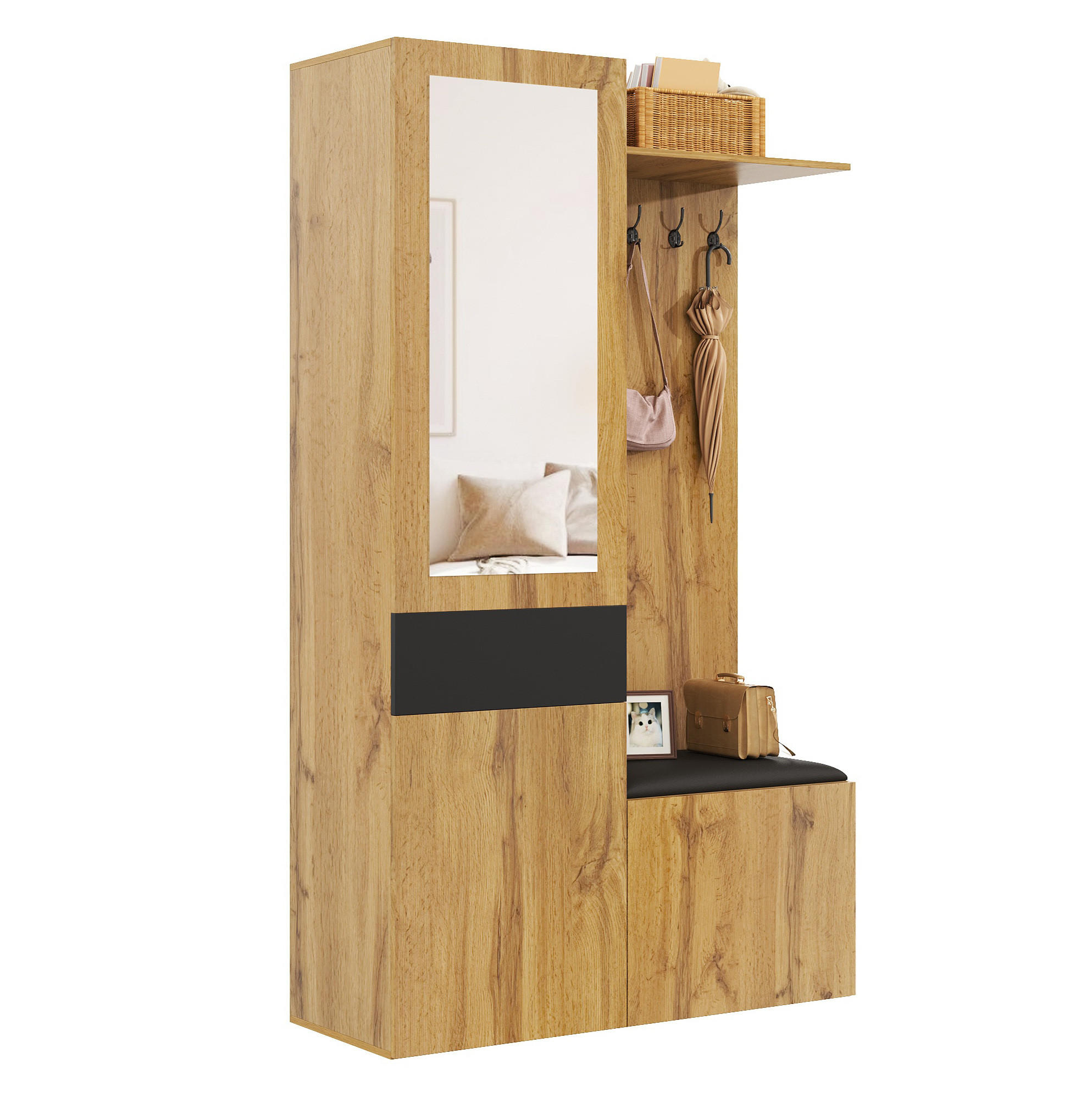 DIELENGARDEROBE mit Spiegel und Schuhablage 98,5/38/191 cm in Schwarz/Natur - Schwarz, Holzwerkstoff (98.5/191/38cm) - BEAOK