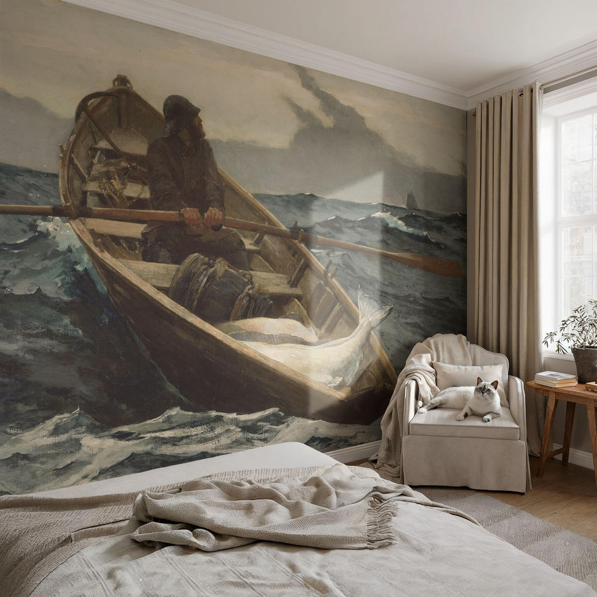 FOTOTAPETE 104x70 cm - Fischer auf See - Grau, Textil (104/70cm) - Wallfluent